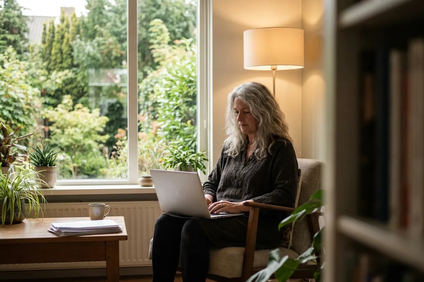 Een coach werkt op een laptop op schoot in een fauteuil in haar praktijkruimte, voor een raam met uitzicht op een groene tuin.