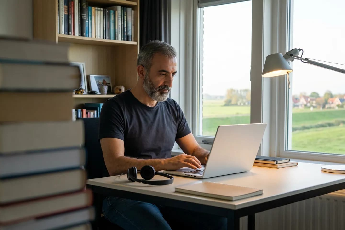 Een IT-consultant werkt op een laptop in zijn werkkamer, met een koptelefoon op het bureau en weilanden achter het raam.