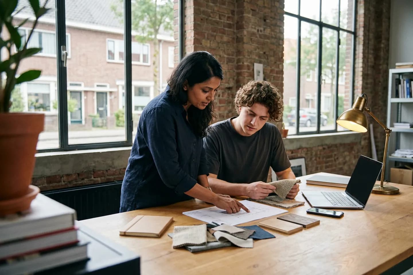Twee ontwerpers bespreken een tekening en materiaalmonsters aan een grote tafel in hun gedeelde studio met bakstenen muren.