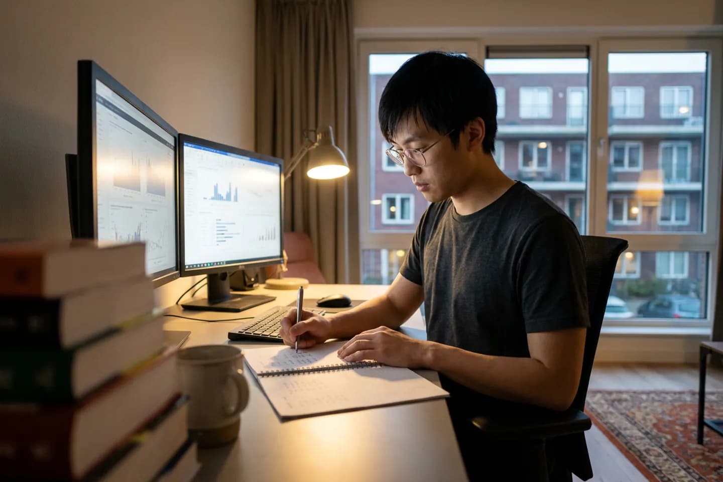 Een data-analist schrijft cijfers in een notitieblok aan zijn bureau thuis, naast twee beeldschermen met grafieken.
