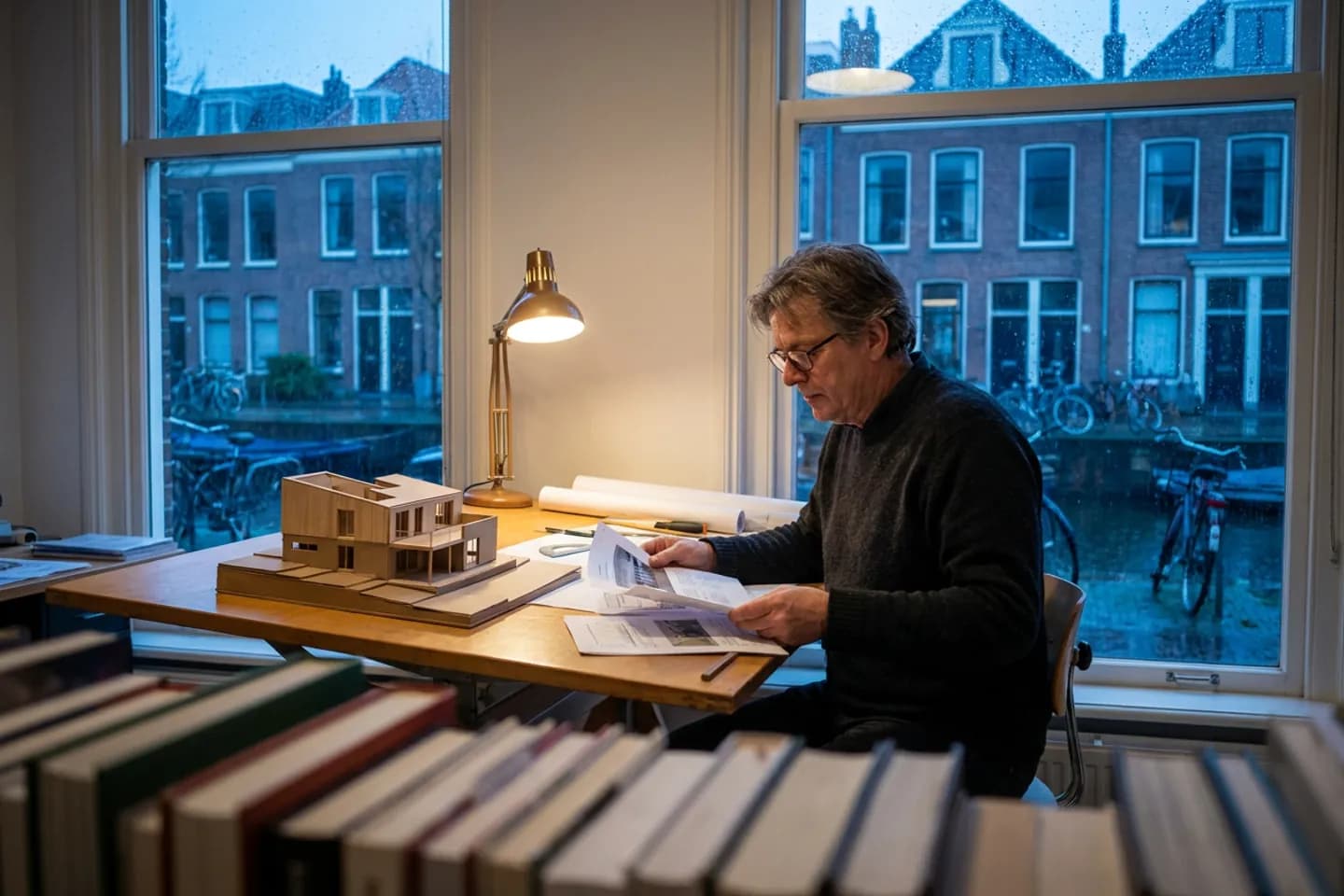 Een architect leest documenten aan zijn tekentafel met een maquette van een huis, op een regenachtige winteravond.