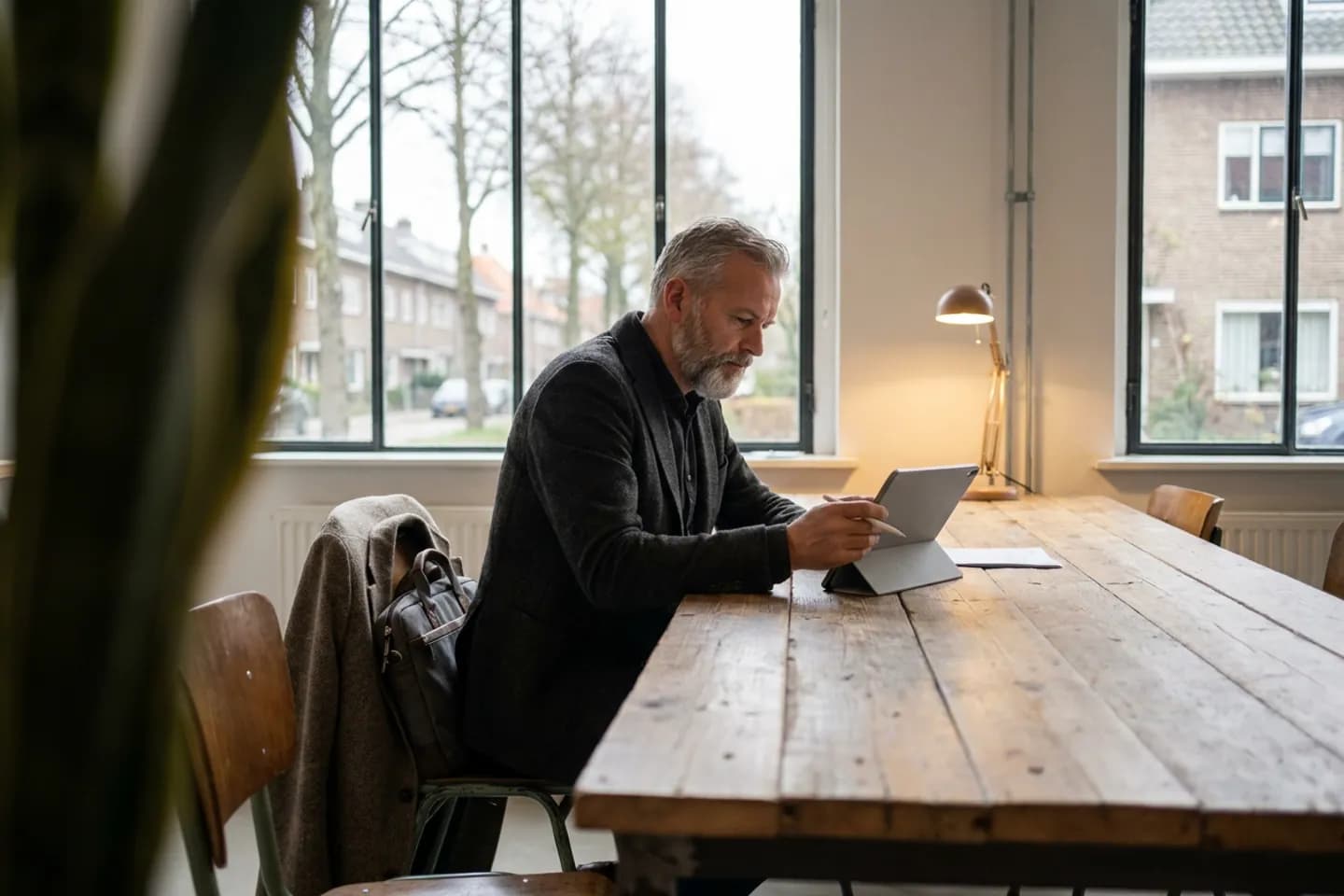 Een consultant bekijkt een overzicht op een tablet aan een lange houten tafel in een flexwerkplek met grote stalen ramen.