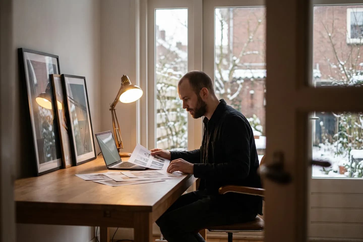 Een grafisch ontwerper bekijkt geprinte overzichten naast zijn laptop in zijn studio, terwijl buiten sneeuw in de achtertuinen ligt.
