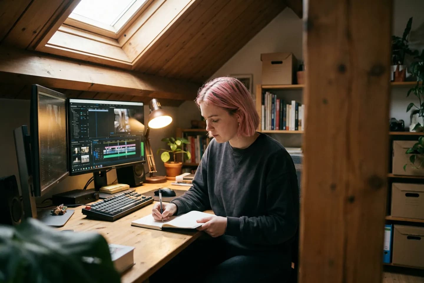 Een video-editor maakt een aantekening in een notitieboek aan haar bureau op een zolderkamer met een dakraam, naast twee beeldschermen.
