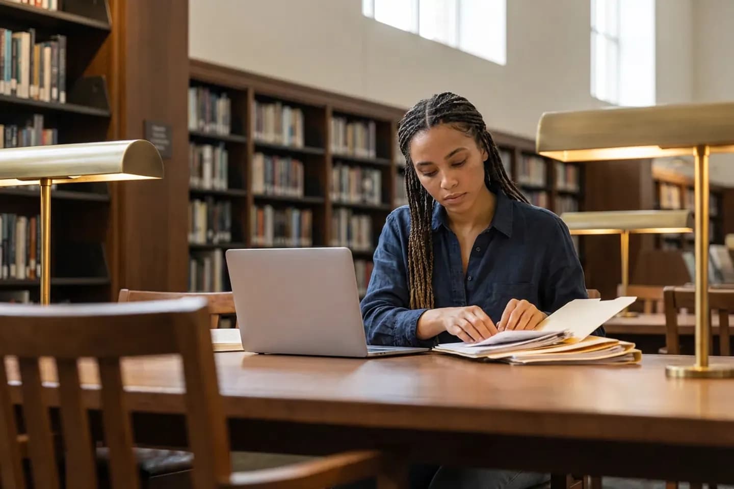 Een freelance onderzoeker werkt met een laptop en mappen aan een leestafel in een bibliotheek.