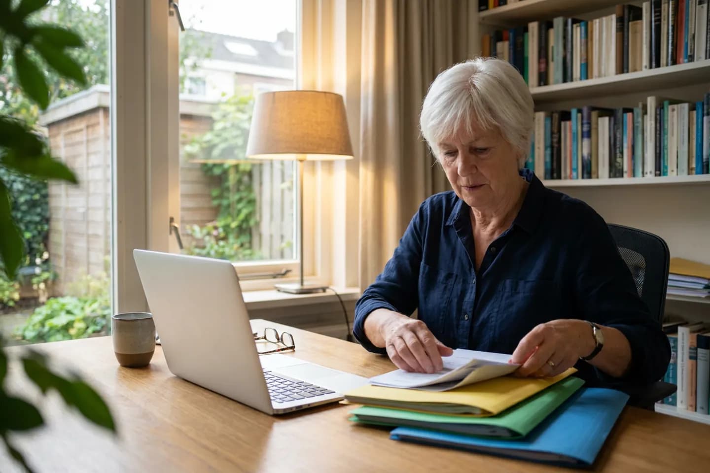 Een vertaler sorteert papieren in gekleurde mappen naast haar laptop, aan een bureau voor een boekenkast en een raam met uitzicht op de tuin.