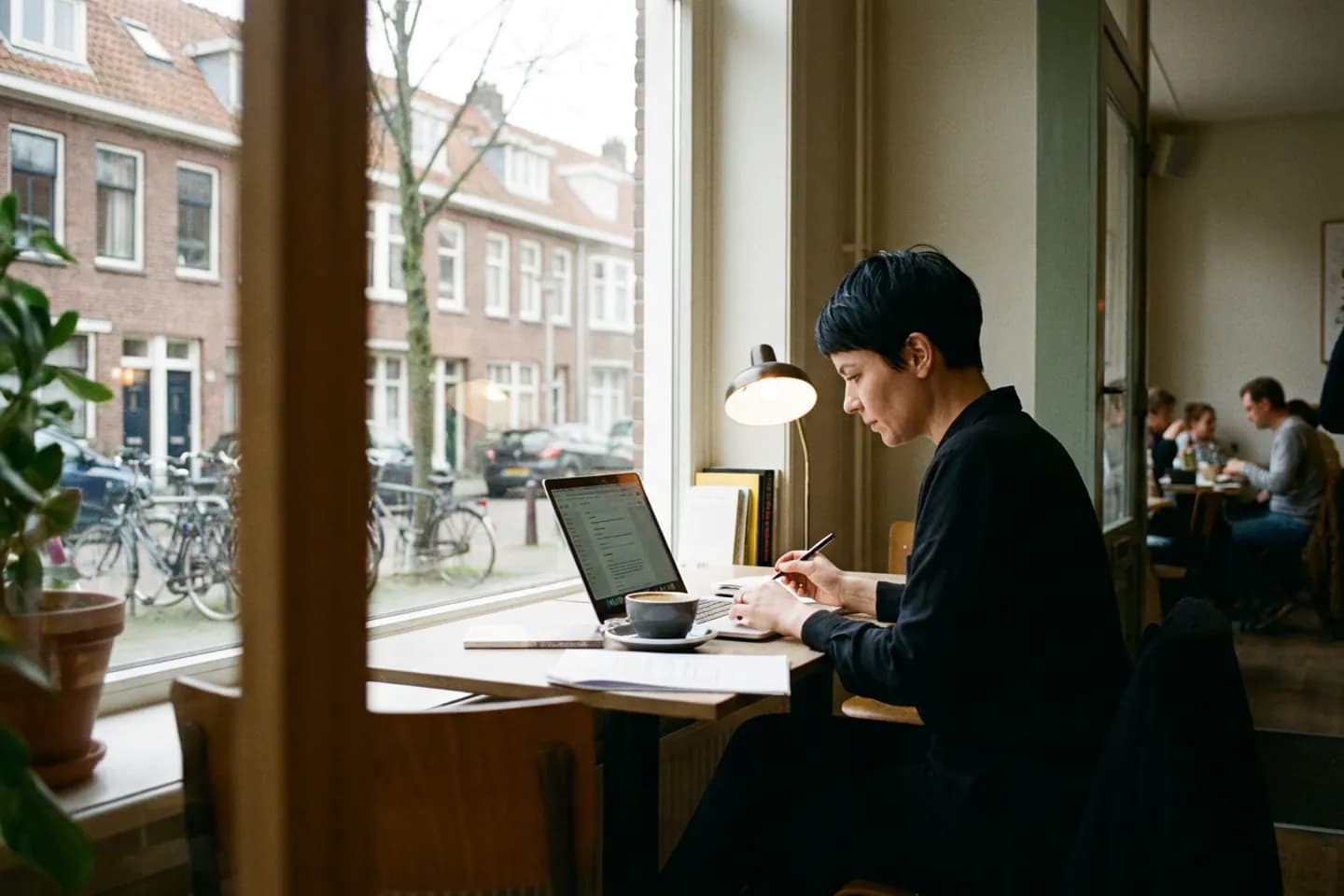 Een productontwerper werkt aan haar administratie op een laptop met een kop koffie aan een tafel bij het raam van een café.